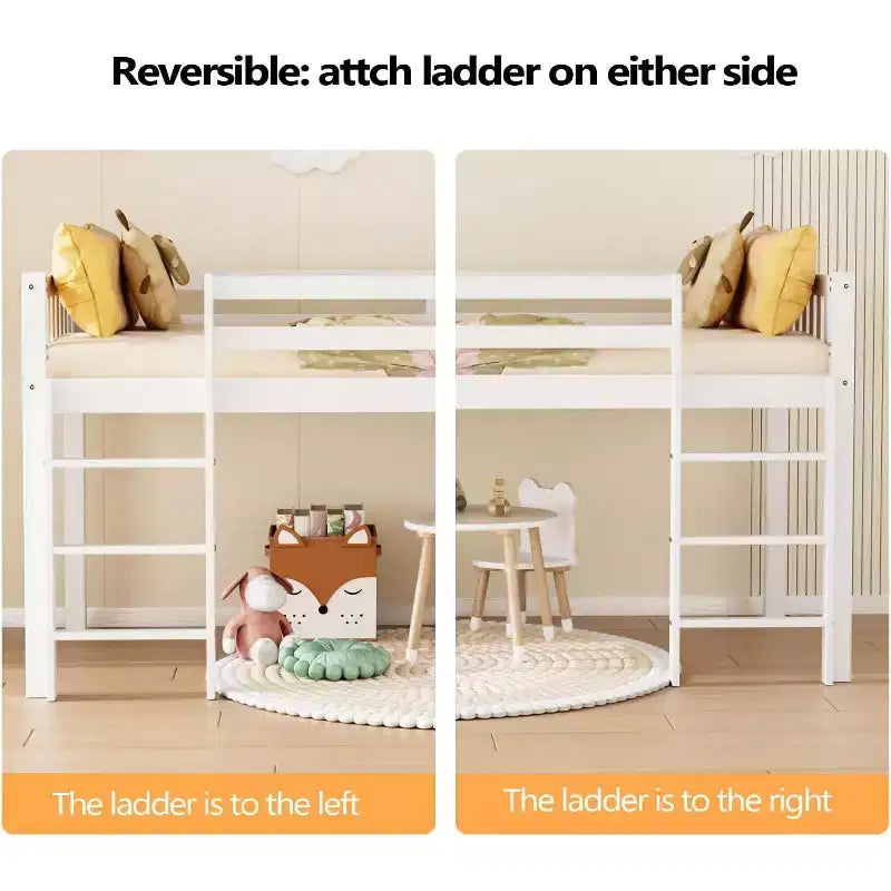 Cama alta doble JOYMOR, cama alta baja para niños pequeños, habitación pequeña/dormitorio con techo bajo con barandilla y escalera, blanca