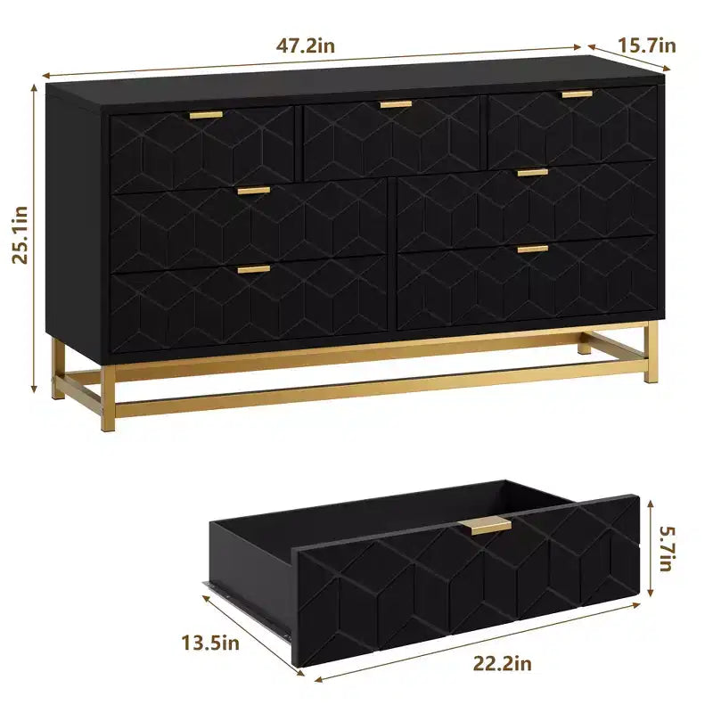 Armario de almacenamiento para dormitorio, cómoda organizadora de 53.5 pulgadas de ancho, 7 cajones, tiradores y patas de metal dorado para armarios, pasillos, salas de estar, entradas