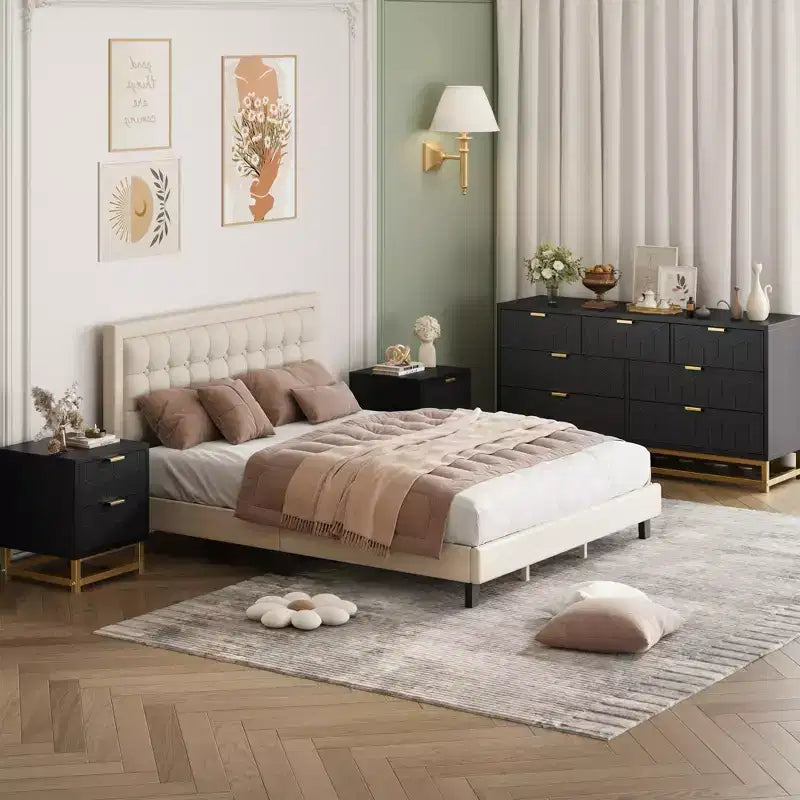 Armario de almacenamiento para dormitorio, cómoda organizadora de 53.5 pulgadas de ancho, 7 cajones, tiradores y patas de metal dorado para armarios, pasillos, salas de estar, entradas