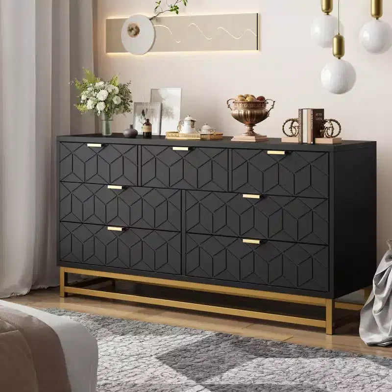 Armario de almacenamiento para dormitorio, cómoda organizadora de 53.5 pulgadas de ancho, 7 cajones, tiradores y patas de metal dorado para armarios, pasillos, salas de estar, entradas