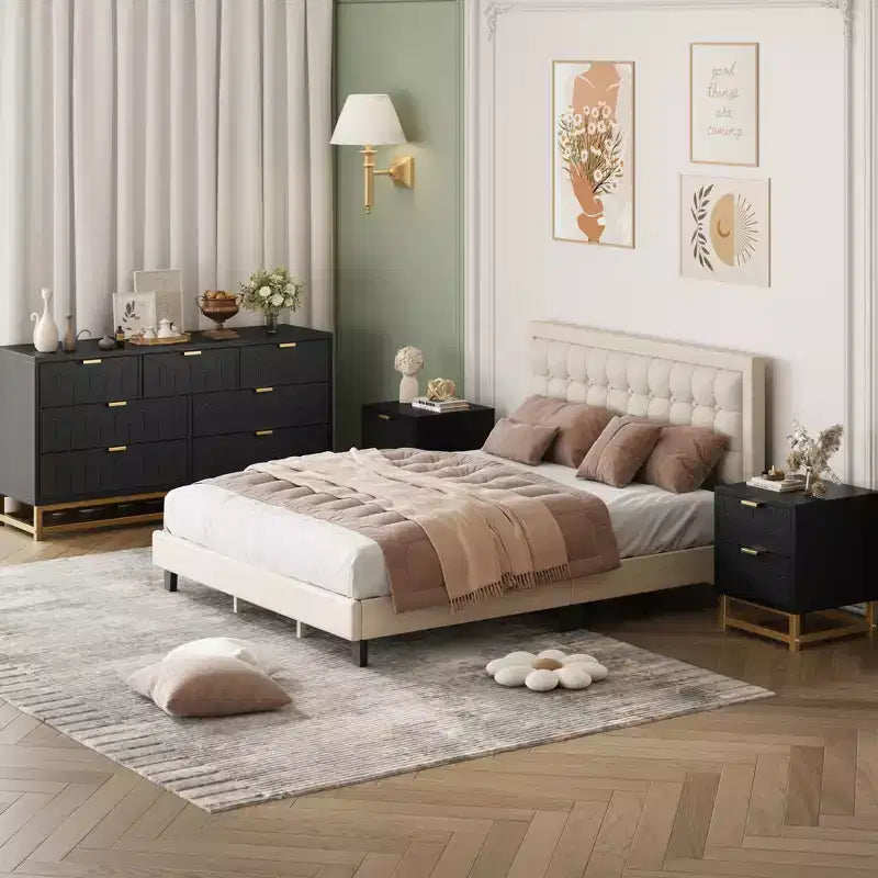 Armario de almacenamiento para dormitorio, cómoda organizadora de 53.5 pulgadas de ancho, 7 cajones, tiradores y patas de metal dorado para armarios, pasillos, salas de estar, entradas