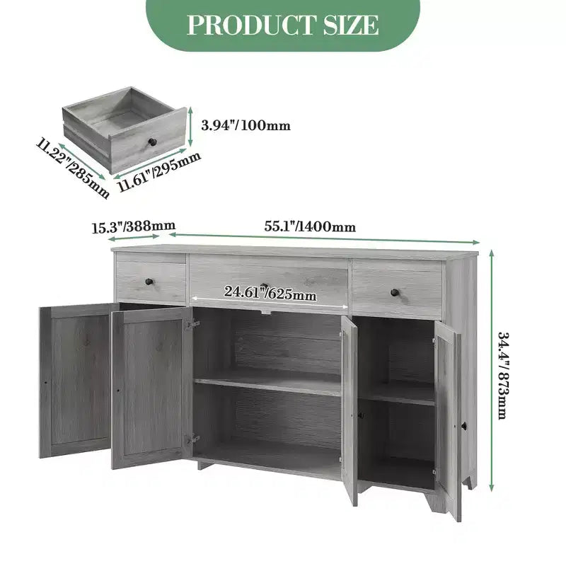 Mueble de almacenaje, aparador con 3 cajones y 4 puertas, 140 cm con estantes ajustables para comedor, salón o entrada