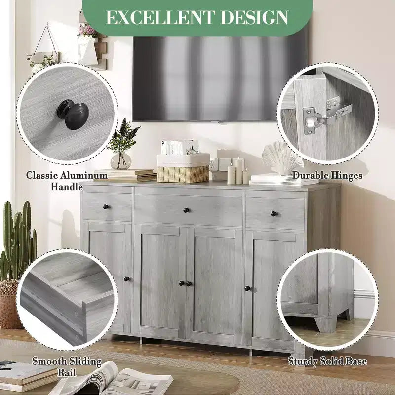 Mueble de almacenaje, aparador con 3 cajones y 4 puertas, 140 cm con estantes ajustables para comedor, salón o entrada
