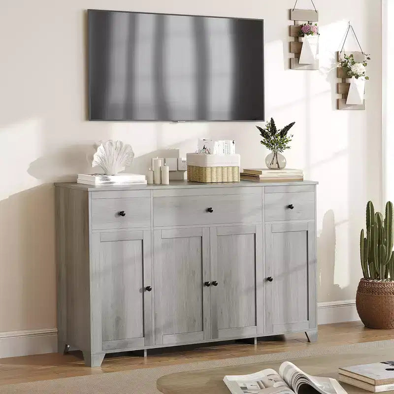 Mueble de almacenaje, aparador con 3 cajones y 4 puertas, 140 cm con estantes ajustables para comedor, salón o entrada