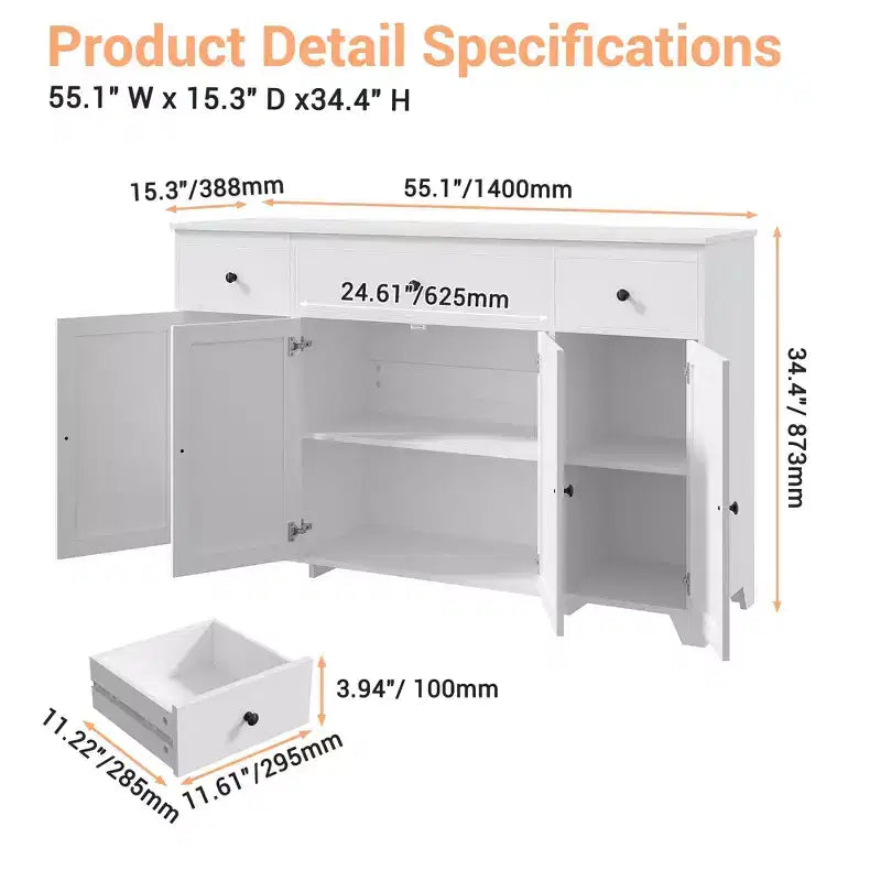 Mueble de almacenaje, aparador con 3 cajones y 4 puertas, 140 cm con estantes ajustables para comedor, salón o entrada