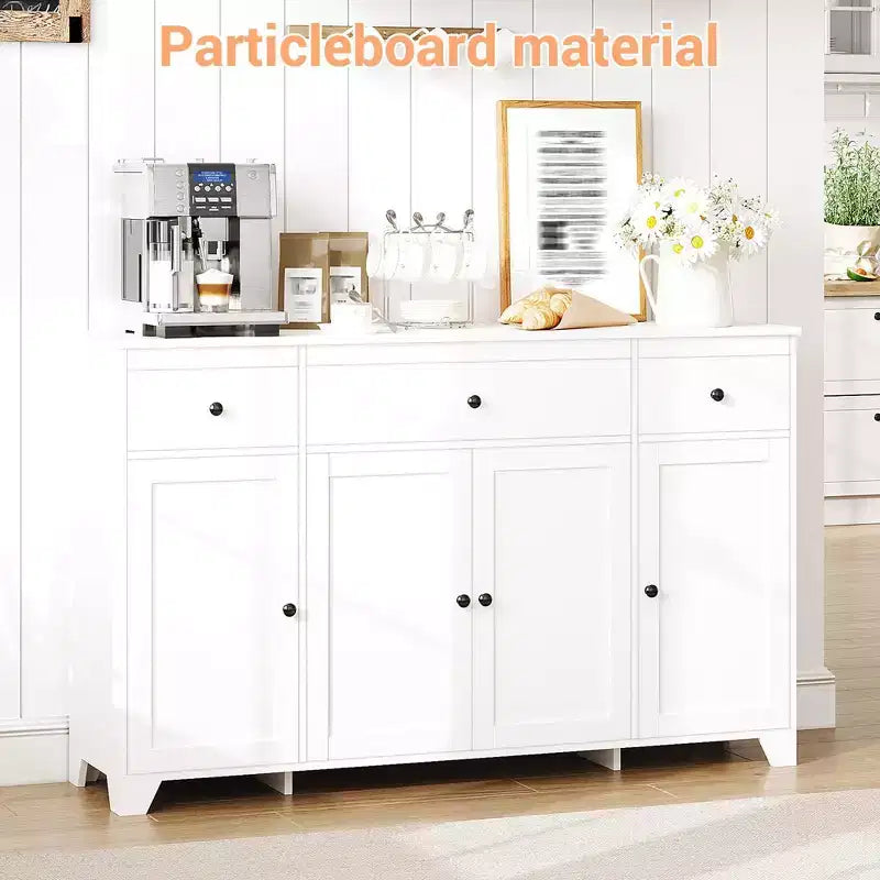 Mueble de almacenaje, aparador con 3 cajones y 4 puertas, 140 cm con estantes ajustables para comedor, salón o entrada