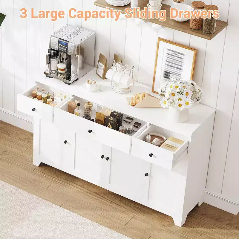 Mueble de almacenaje, aparador con 3 cajones y 4 puertas, 140 cm con estantes ajustables para comedor, salón o entrada