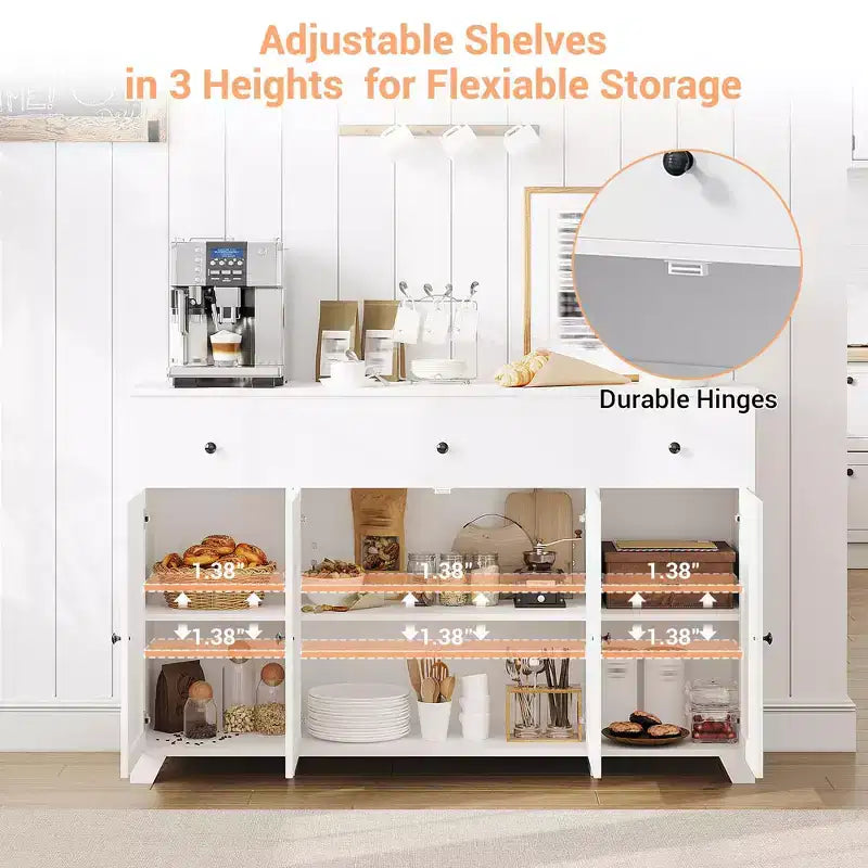 Mueble de almacenaje, aparador con 3 cajones y 4 puertas, 140 cm con estantes ajustables para comedor, salón o entrada