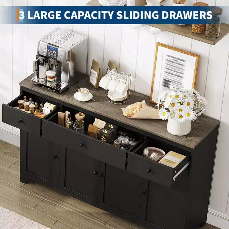 Mueble de almacenaje, aparador con 3 cajones y 4 puertas, 140 cm con estantes ajustables para comedor, salón o entrada