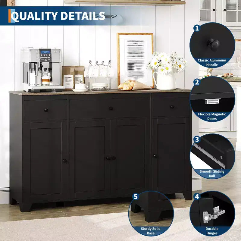 Mueble de almacenaje, aparador con 3 cajones y 4 puertas, 140 cm con estantes ajustables para comedor, salón o entrada