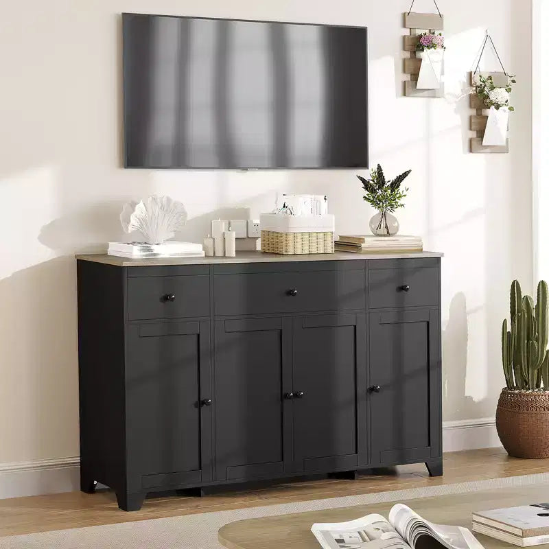 Mueble de almacenaje, aparador con 3 cajones y 4 puertas, 140 cm con estantes ajustables para comedor, salón o entrada