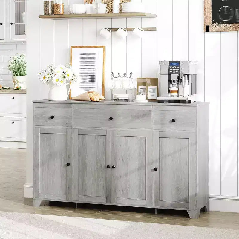 Mueble de almacenaje, aparador con 3 cajones y 4 puertas, 140 cm con estantes ajustables para comedor, salón o entrada