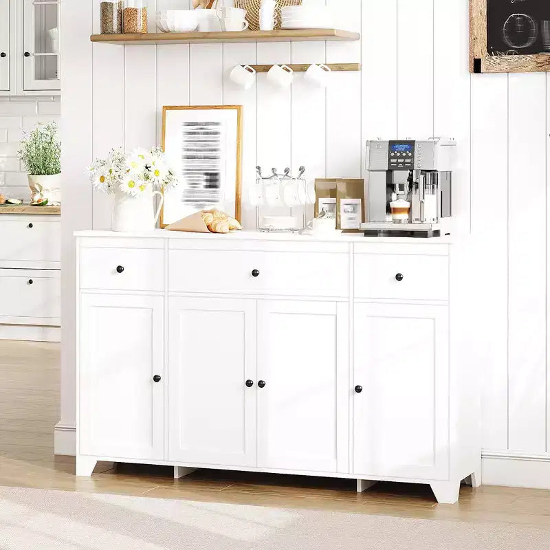 Mueble de almacenaje, aparador con 3 cajones y 4 puertas, 140 cm con estantes ajustables para comedor, salón o entrada