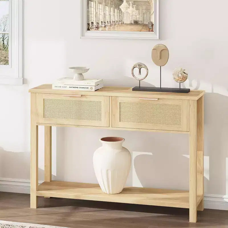 Rattan Console Table  2-Tier Boho Sofa Table with 2 Drawers for Living Room/Hallway