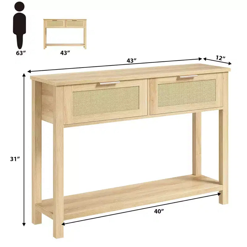 Rattan Console Table  2-Tier Boho Sofa Table with 2 Drawers for Living Room/Hallway