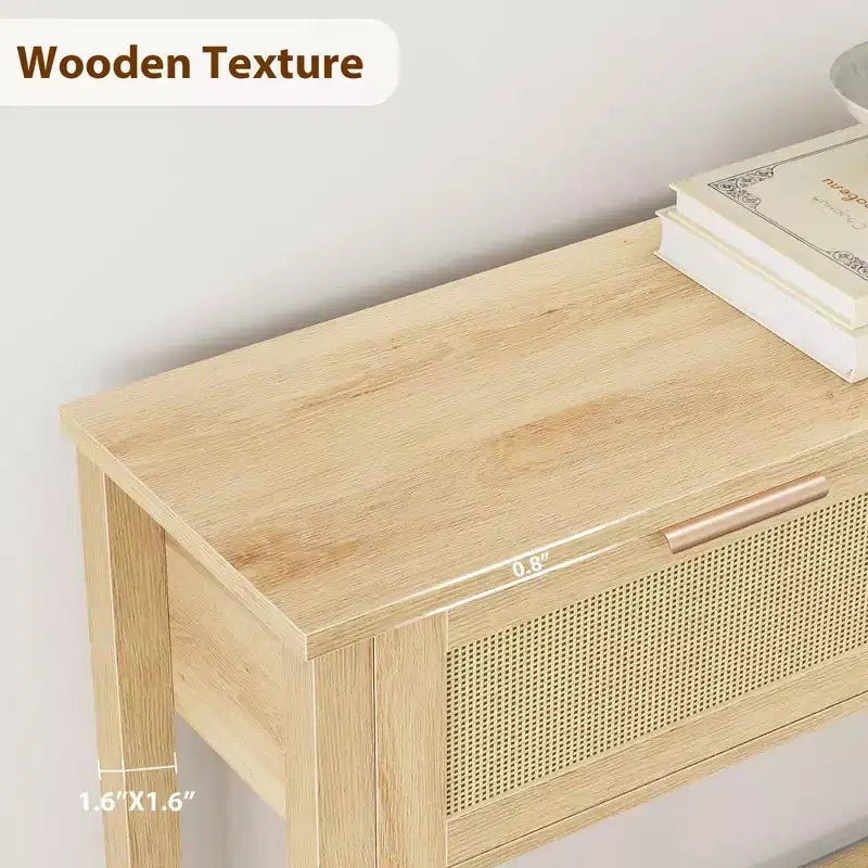 Rattan Console Table  2-Tier Boho Sofa Table with 2 Drawers for Living Room/Hallway