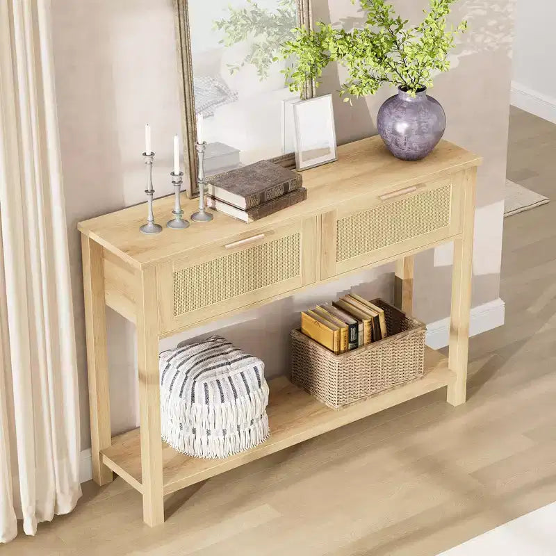 Rattan Console Table  2-Tier Boho Sofa Table with 2 Drawers for Living Room/Hallway