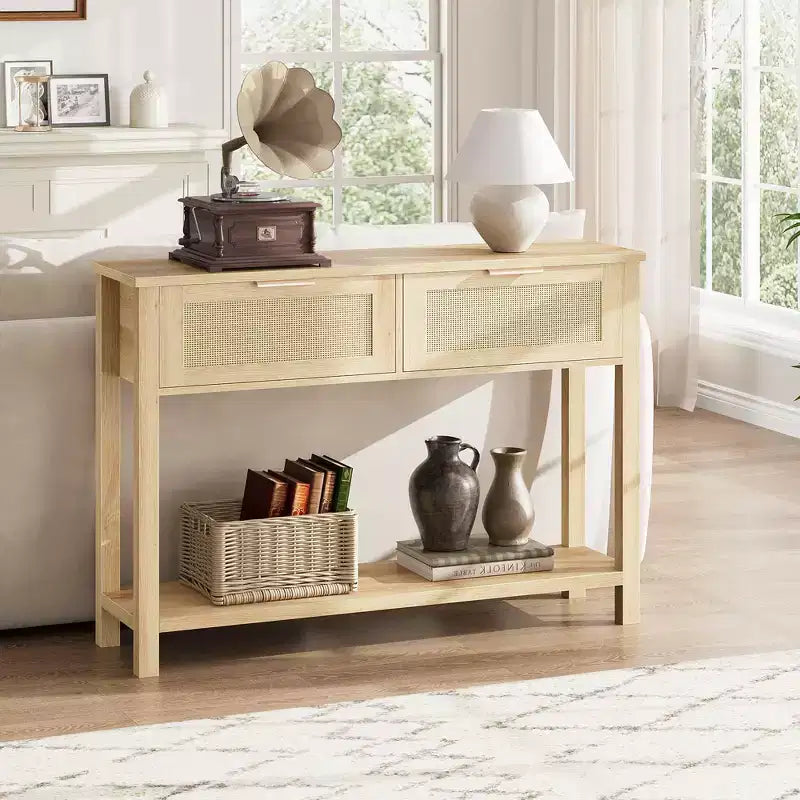 Rattan Console Table  2-Tier Boho Sofa Table with 2 Drawers for Living Room/Hallway