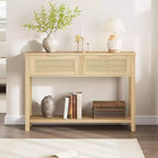 Rattan Console Table  2-Tier Boho Sofa Table with 2 Drawers for Living Room/Hallway