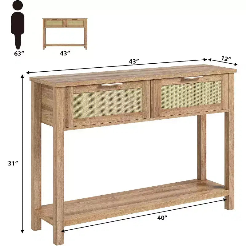 Rattan Console Table  2-Tier Boho Sofa Table with 2 Drawers for Living Room/Hallway