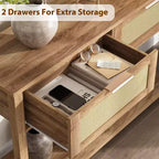 Rattan Console Table  2-Tier Boho Sofa Table with 2 Drawers for Living Room/Hallway