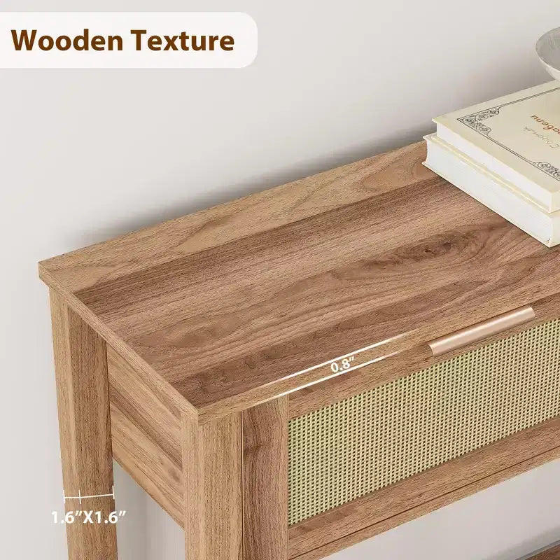 Rattan Console Table  2-Tier Boho Sofa Table with 2 Drawers for Living Room/Hallway