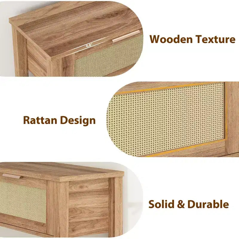 Rattan Console Table  2-Tier Boho Sofa Table with 2 Drawers for Living Room/Hallway
