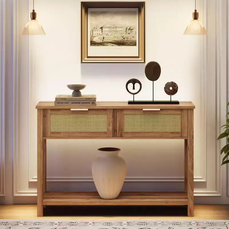 Rattan Console Table  2-Tier Boho Sofa Table with 2 Drawers for Living Room/Hallway
