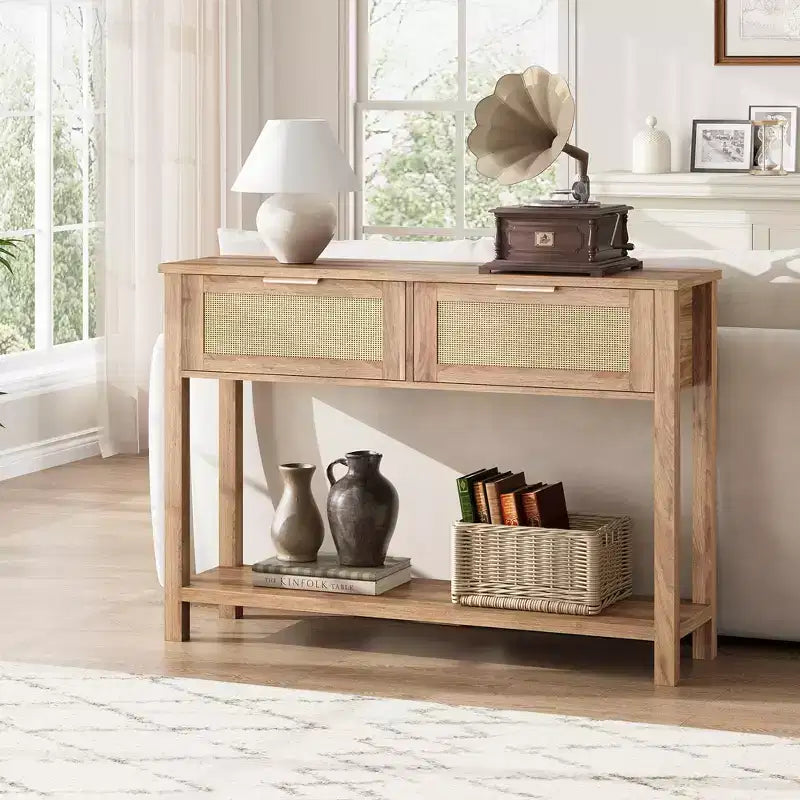 Rattan Console Table  2-Tier Boho Sofa Table with 2 Drawers for Living Room/Hallway