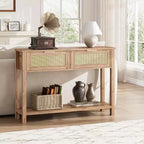 Rattan Console Table  2-Tier Boho Sofa Table with 2 Drawers for Living Room/Hallway