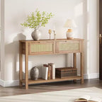 Rattan Console Table  2-Tier Boho Sofa Table with 2 Drawers for Living Room/Hallway