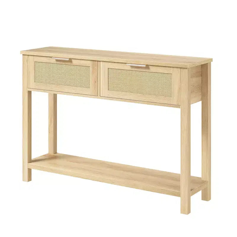 Rattan Console Table  2-Tier Boho Sofa Table with 2 Drawers for Living Room/Hallway