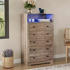 53 Tall 5 Drawer Dresser for Bedroom, Wooden Chest of Drawers with Charging Station, Narrow Nightstand, Living Room Clothing Storage Organizer