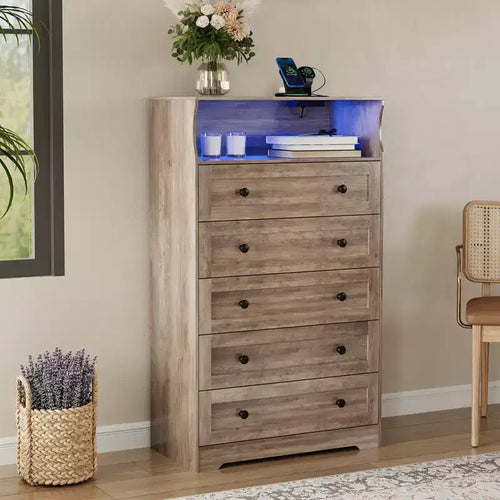 53 Tall 5 Drawer Dresser for Bedroom, Wooden Chest of Drawers with Charging Station, Narrow Nightstand, Living Room Clothing Storage Organizer
