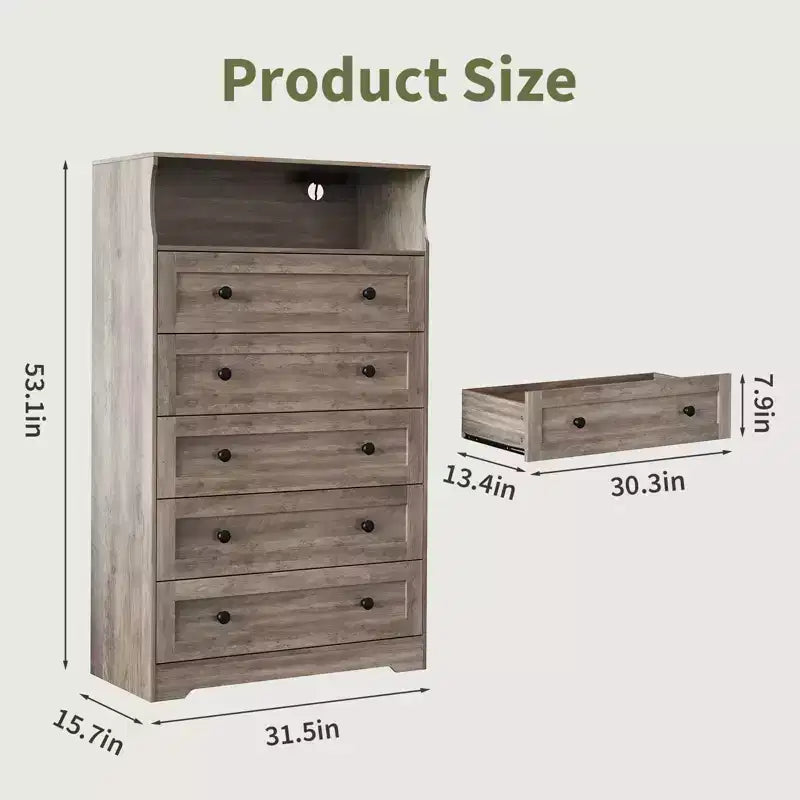 Cómoda de 53 pulgadas con 5 cajones para dormitorio, cómoda de madera con estación de carga, mesita de noche estrecha, organizador de almacenamiento de ropa para sala de estar