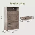 Cómoda de 53 pulgadas con 5 cajones para dormitorio, cómoda de madera con estación de carga, mesita de noche estrecha, organizador de almacenamiento de ropa para sala de estar