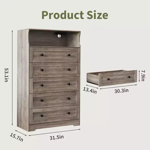 Cómoda de 53 pulgadas con 5 cajones para dormitorio, cómoda de madera con estación de carga, mesita de noche estrecha, organizador de almacenamiento de ropa para sala de estar