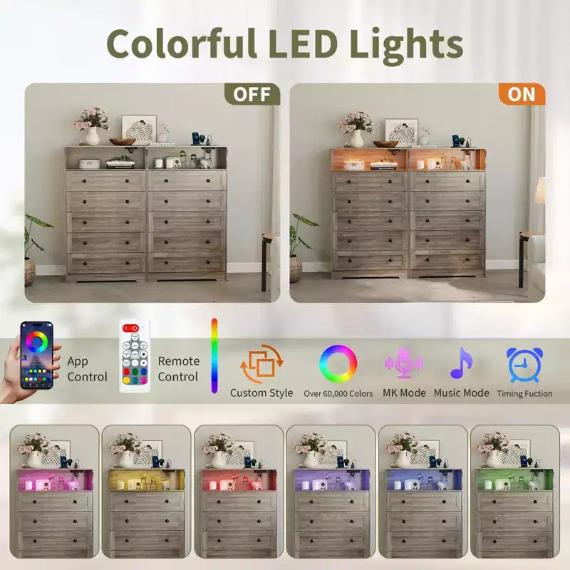 Cómoda de 53 pulgadas con 5 cajones para dormitorio, cómoda de madera con estación de carga, mesita de noche estrecha, organizador de almacenamiento de ropa para sala de estar