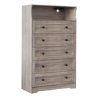 Cómoda de 53 pulgadas con 5 cajones para dormitorio, cómoda de madera con estación de carga, mesita de noche estrecha, organizador de almacenamiento de ropa para sala de estar