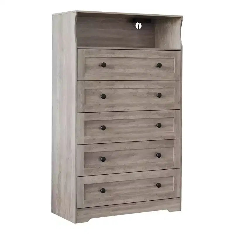 Cómoda de 53 pulgadas con 5 cajones para dormitorio, cómoda de madera con estación de carga, mesita de noche estrecha, organizador de almacenamiento de ropa para sala de estar