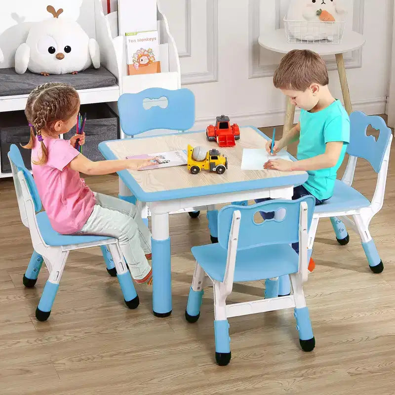 Mesa y 4 Sillas Modernas para Niños, Mesa para Niños Pequeños Ajustable en Altura 23 y 4 Sillas con Patas Antideslizantes y Escritorio con Graffiti Organizador