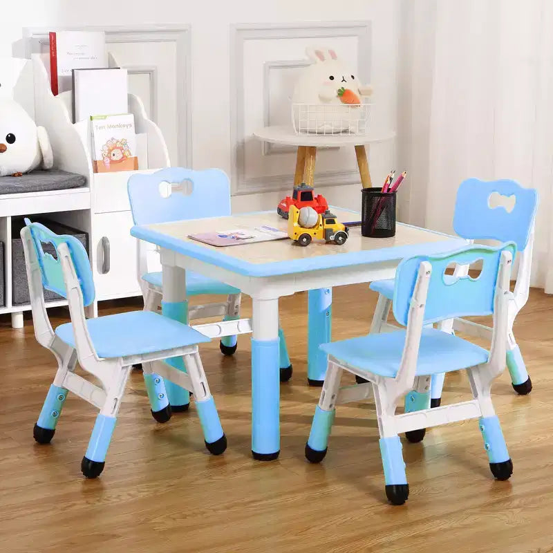 Mesa y 4 Sillas Modernas para Niños, Mesa para Niños Pequeños Ajustable en Altura 23 y 4 Sillas con Patas Antideslizantes y Escritorio con Graffiti Organizador