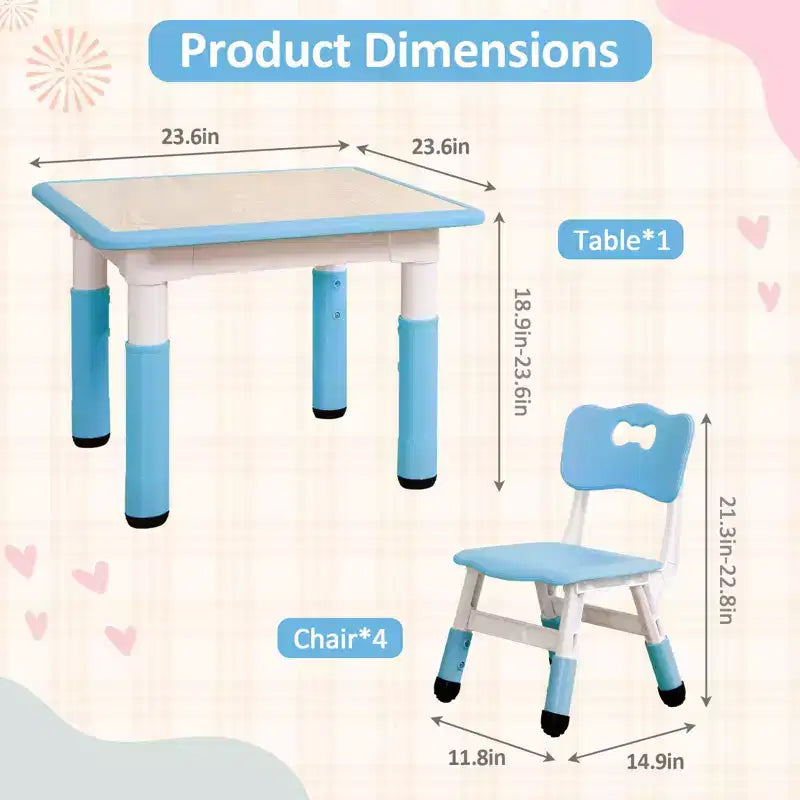 Mesa y 4 Sillas Modernas para Niños, Mesa para Niños Pequeños Ajustable en Altura 23 y 4 Sillas con Patas Antideslizantes y Escritorio con Graffiti Organizador