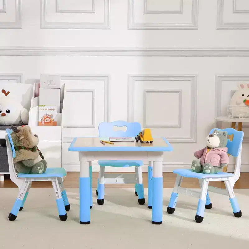 Mesa y 4 Sillas Modernas para Niños, Mesa para Niños Pequeños Ajustable en Altura 23 y 4 Sillas con Patas Antideslizantes y Escritorio con Graffiti Organizador
