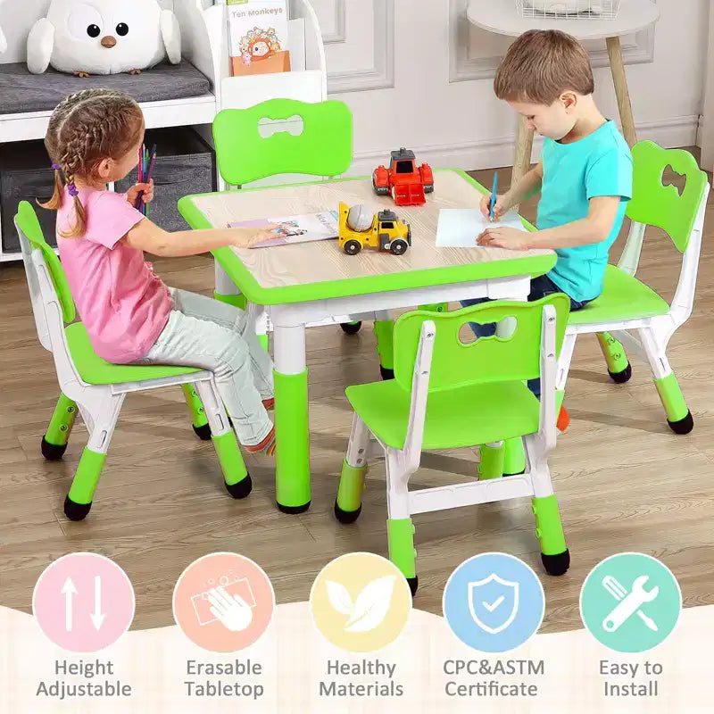 Mesa y 4 Sillas Modernas para Niños, Mesa para Niños Pequeños Ajustable en Altura 23 y 4 Sillas con Patas Antideslizantes y Escritorio con Graffiti Organizador
