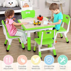 Mesa y 4 Sillas Modernas para Niños, Mesa para Niños Pequeños Ajustable en Altura 23 y 4 Sillas con Patas Antideslizantes y Escritorio con Graffiti Organizador