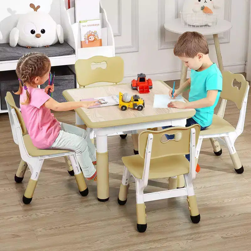 Mesa y 4 Sillas Modernas para Niños, Mesa para Niños Pequeños Ajustable en Altura 23 y 4 Sillas con Patas Antideslizantes y Escritorio con Graffiti Organizador