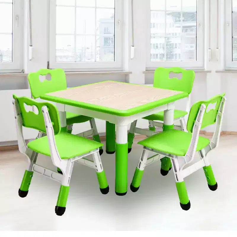 Mesa y 4 Sillas Modernas para Niños, Mesa para Niños Pequeños Ajustable en Altura 23 y 4 Sillas con Patas Antideslizantes y Escritorio con Graffiti Organizador