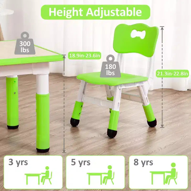 Mesa y 4 Sillas Modernas para Niños, Mesa para Niños Pequeños Ajustable en Altura 23 y 4 Sillas con Patas Antideslizantes y Escritorio con Graffiti Organizador