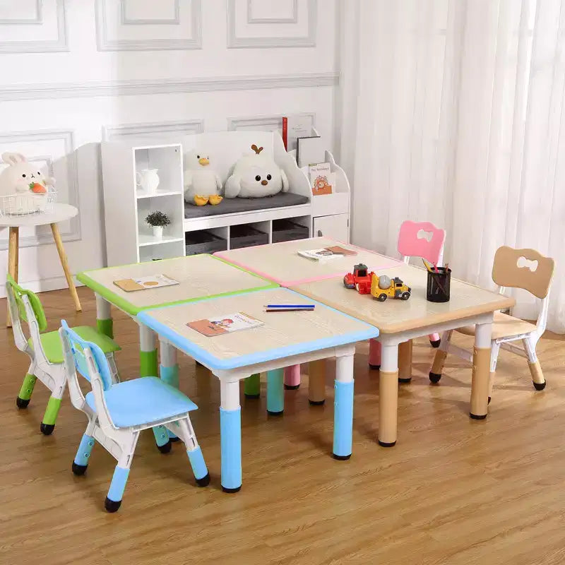 Mesa y 4 Sillas Modernas para Niños, Mesa para Niños Pequeños Ajustable en Altura 23 y 4 Sillas con Patas Antideslizantes y Escritorio con Graffiti Organizador